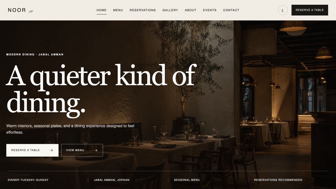 Screenshot of the NOOR Restaurant website homepage.